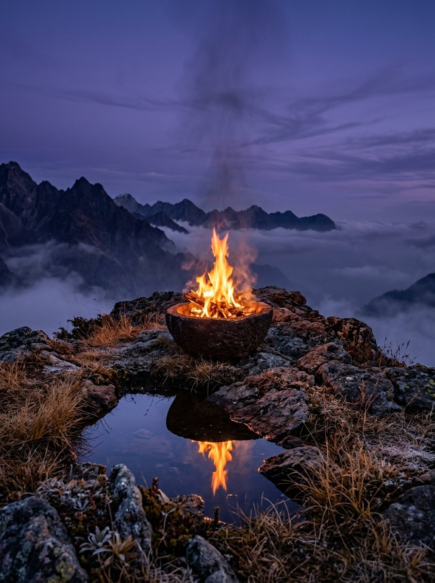 Flamme sacrée dans un temple de pierre à l'aube