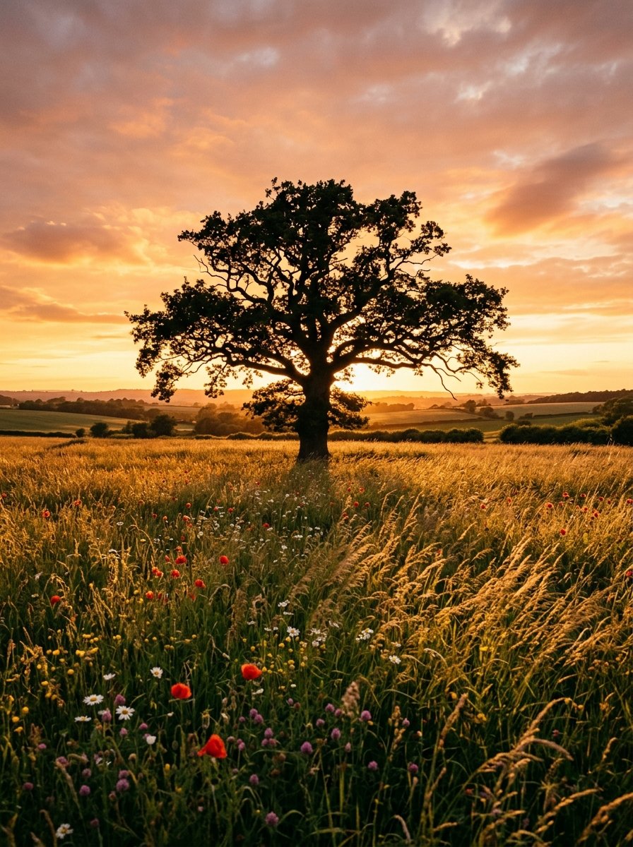 Prairie lumineuse au coucher du soleil avec horizon infini