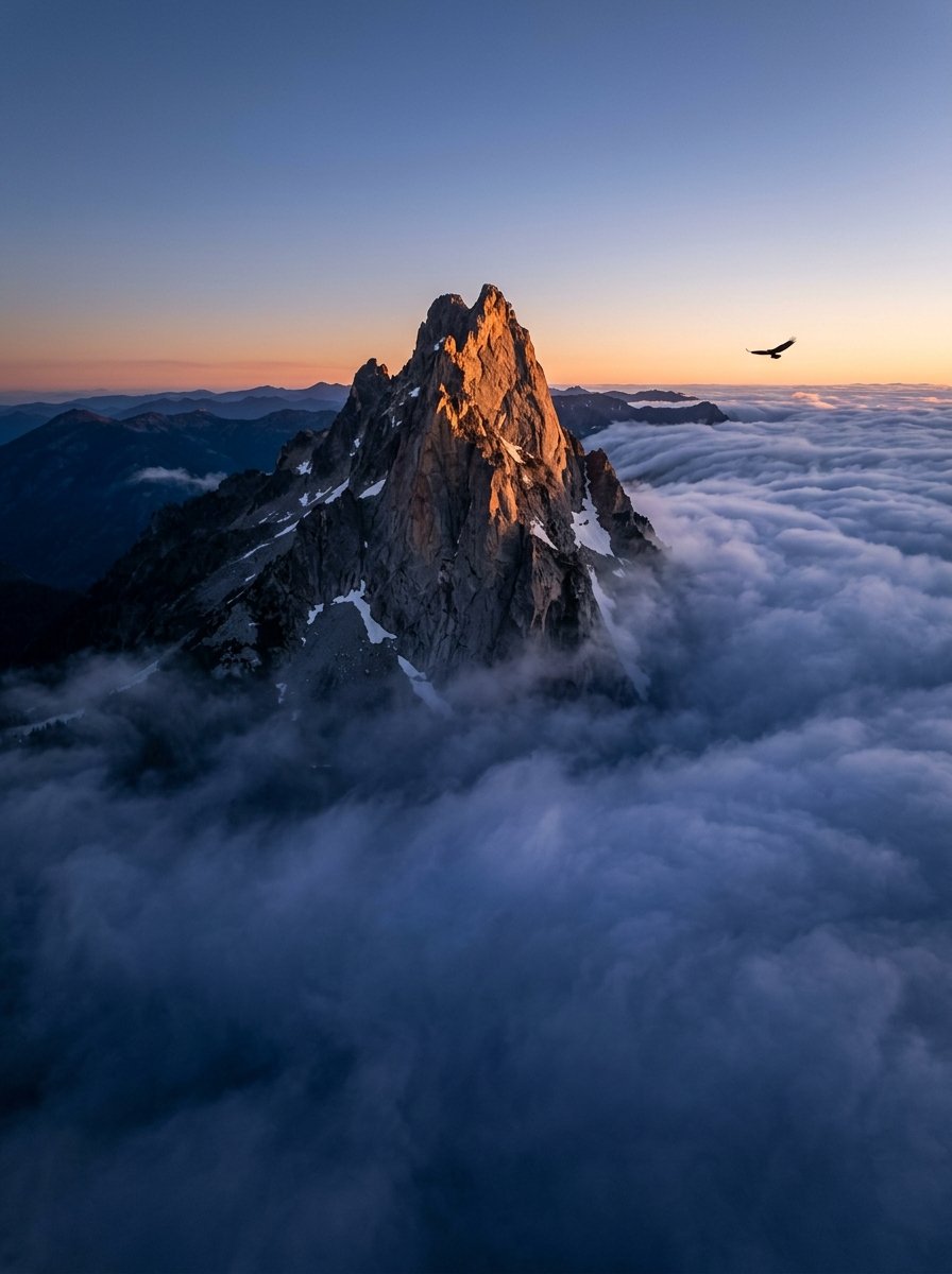 Sommet de montagne dans les nuages au lever du soleil