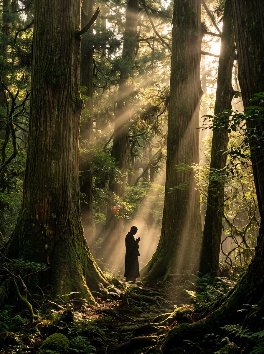 Flambeaux de lumière dans une forêt de cèdres au lever du jour