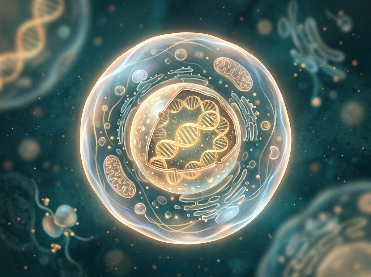 Une cellule dont le noyau révèle les deux brins d'ADN en hélice